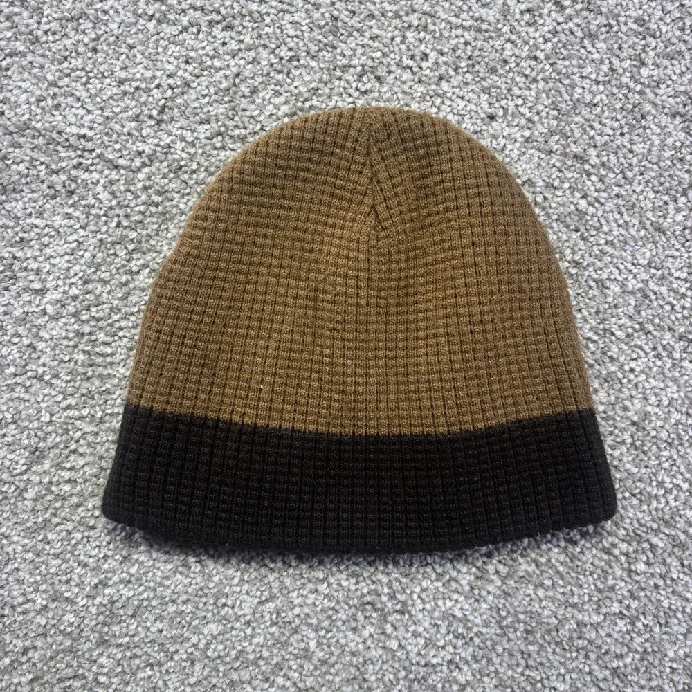 Y2K Carhartt Skull Beanie Mens One‎ Size Brown Knit Logo Stretch Winter Workwear